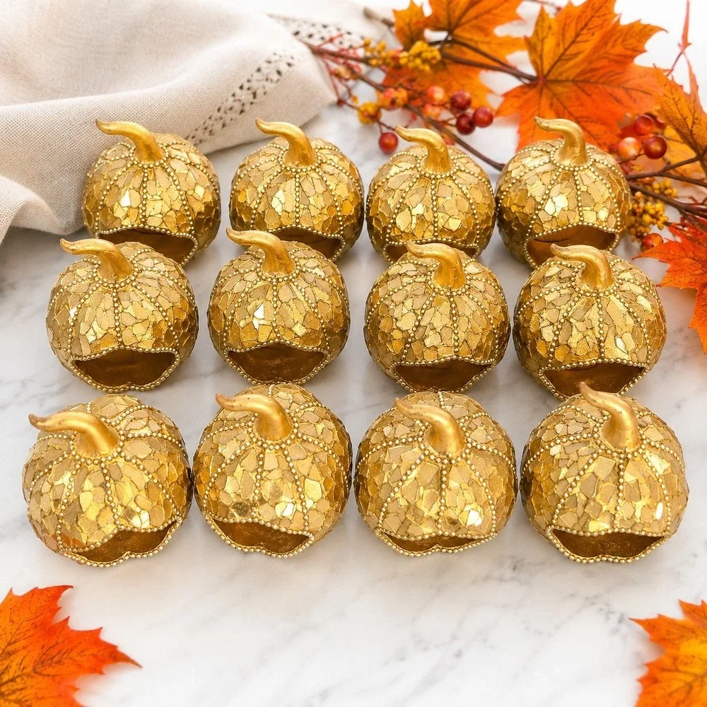 Set of 12 Gold Mosaic Pumpkin Napkin Rings Fall Thanksgiving Table Decor